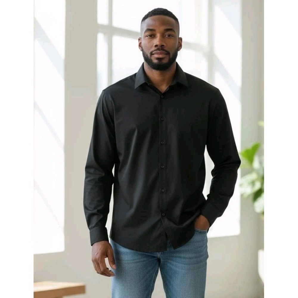 Mens Claiborne Crazy Horse Black Sateen Dress‎ Shirt Sz XL